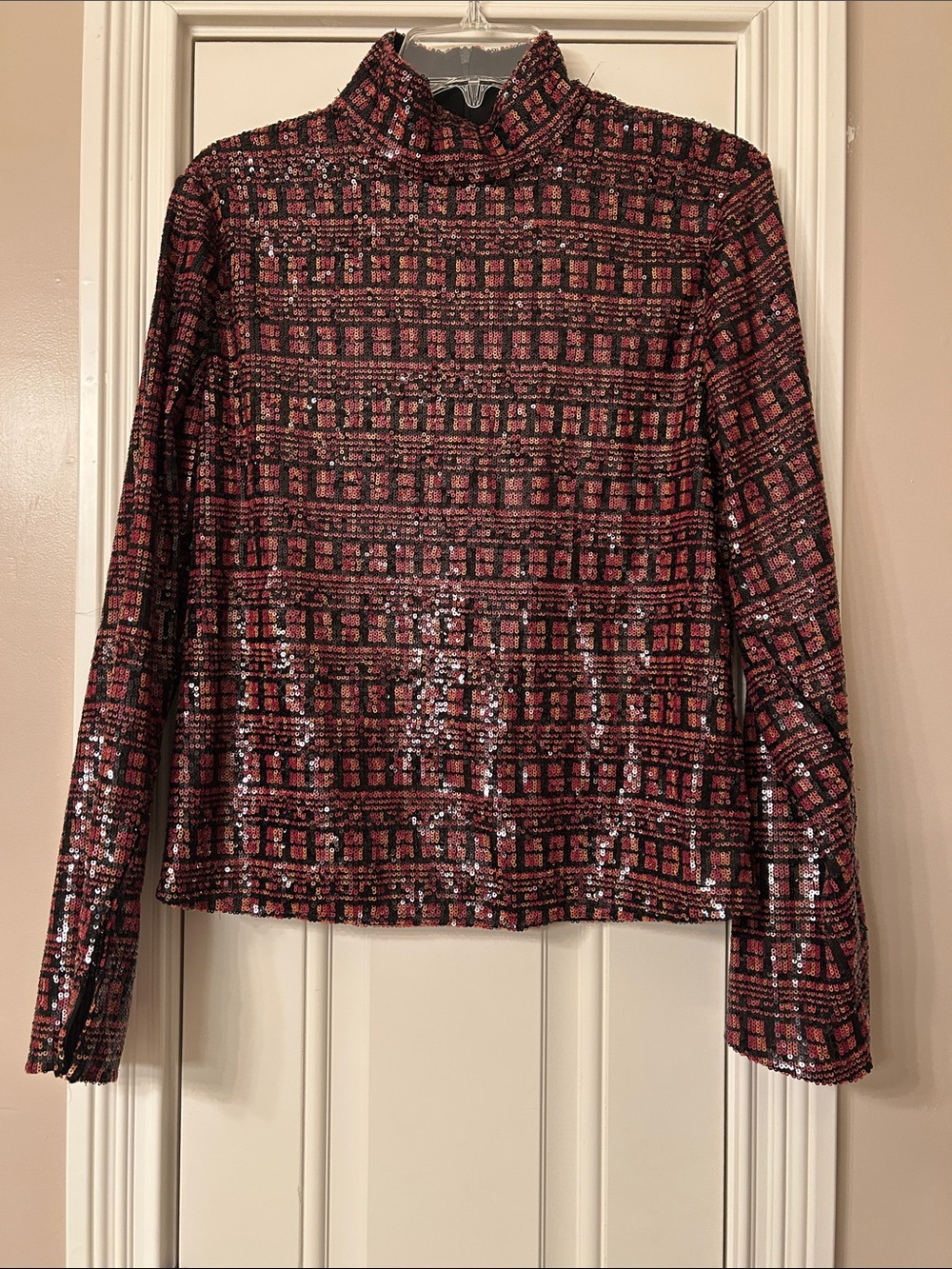 Zara Sequin Grid Mock Neck Long Sleep Top NEW Sz S